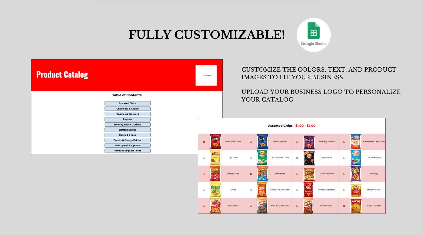 Interactive Vending Product Catalog Template: Google Sheets (Digital Download)