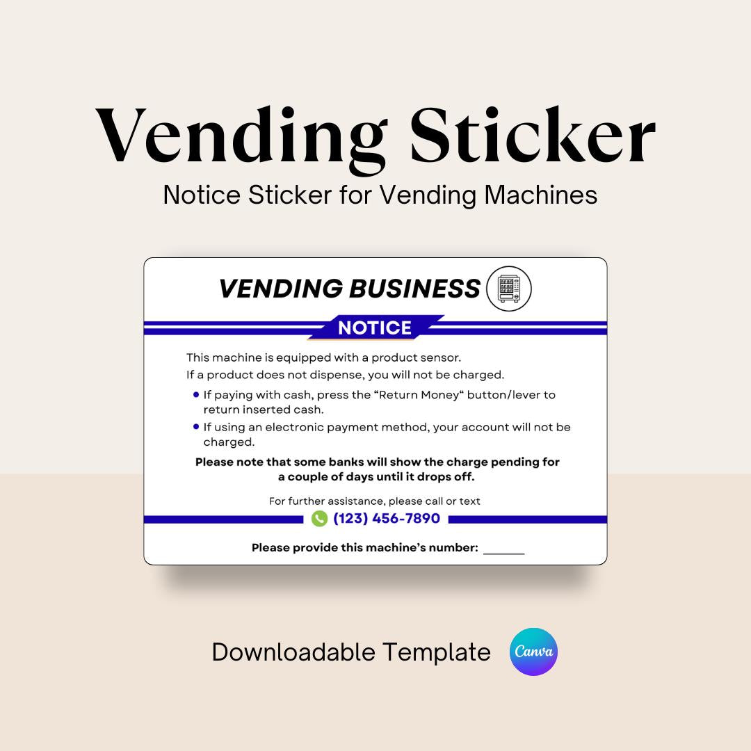 Vending Machine Notice Sticker Template | Editable Canva Sticker | Refund Policy & Contact Info Design