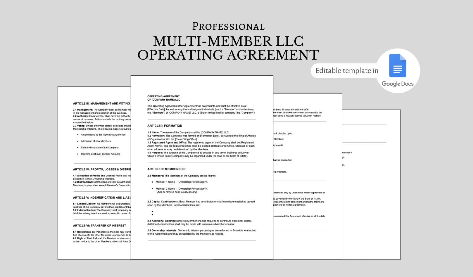 Multi-Member LLC Operating Agreement Template: Customizable Legal Contract (PDF)
