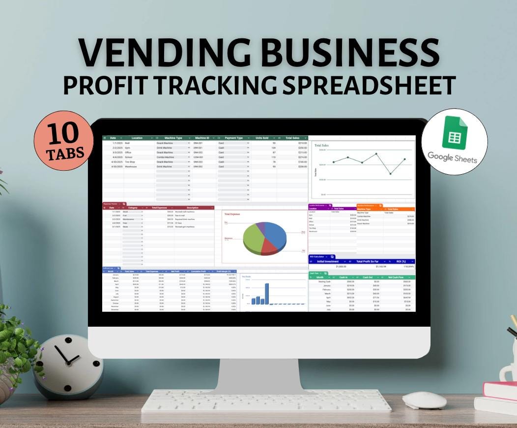Vending Machine Business Spreadsheet: Profit Tracker, Sales Log (Google Sheets)