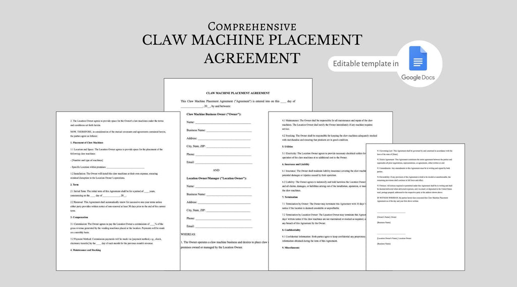 Claw Machine Placement Contract Template: Editable Business Agreement (PDF)
