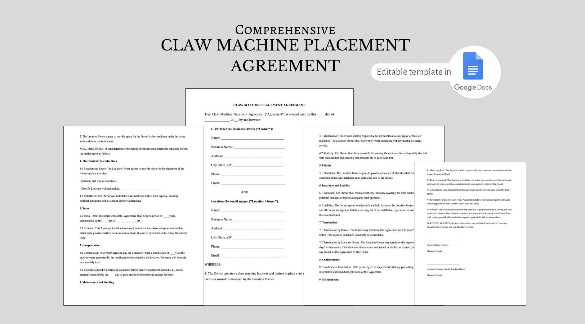 Claw Machine Placement Contract Template: Editable Business Agreement (PDF)