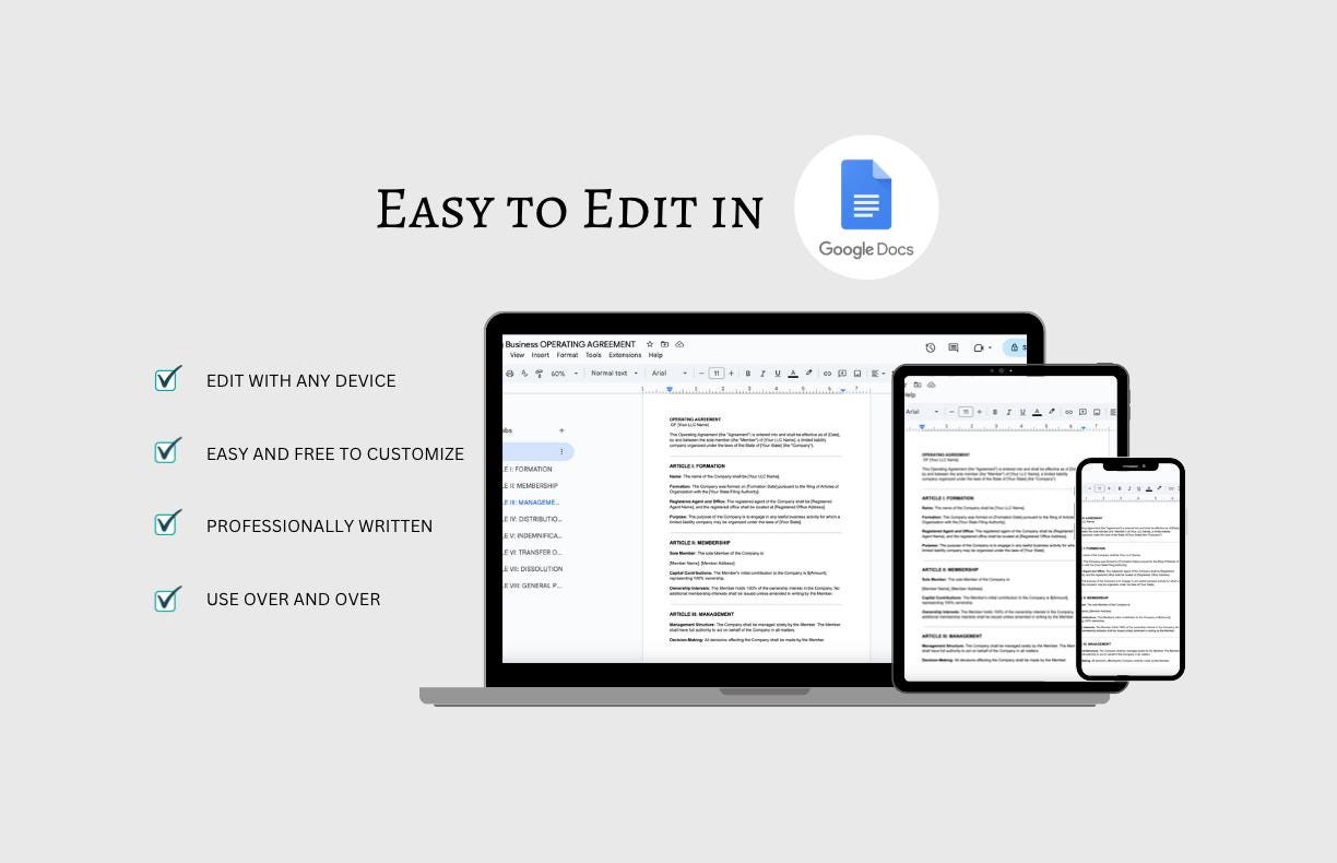 Editable Single-Member LLC Operating Agreement Template (Instant Download)