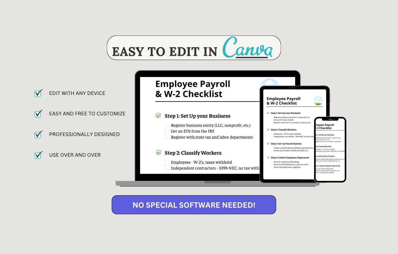Employee Payroll & W-2 Checklist: Small Business HR (Editable Canva Template)