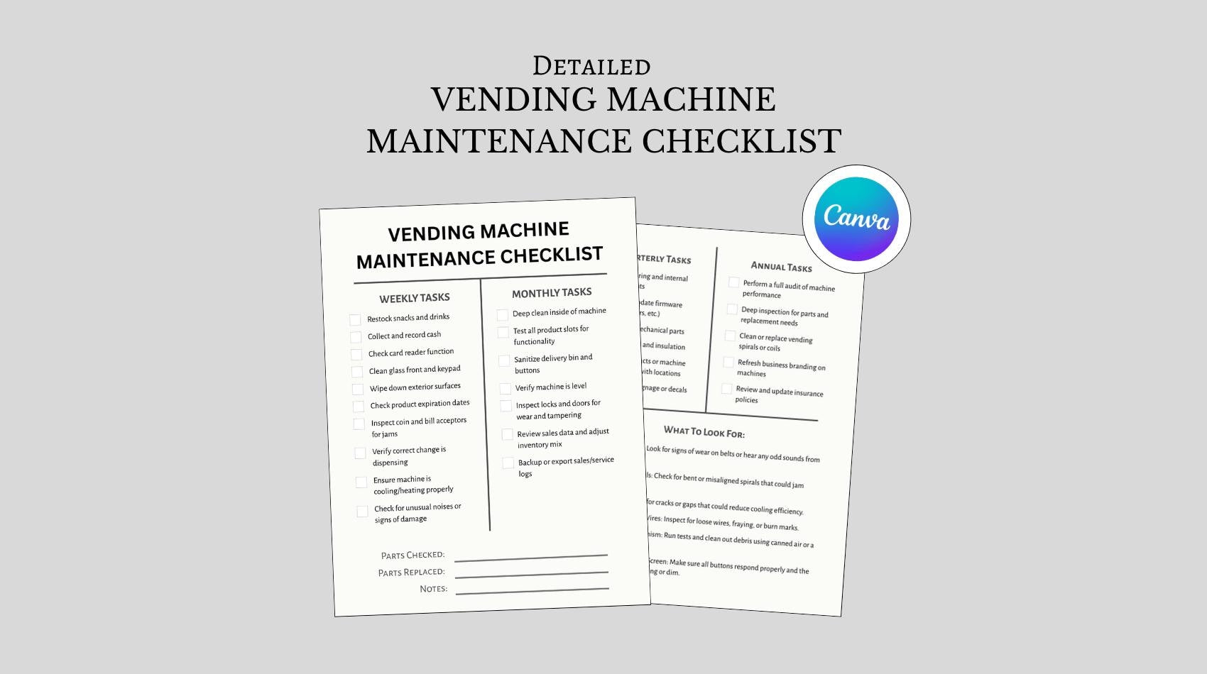 Vending Machine Maintenance Checklist: Printable Service Log (Canva Template)