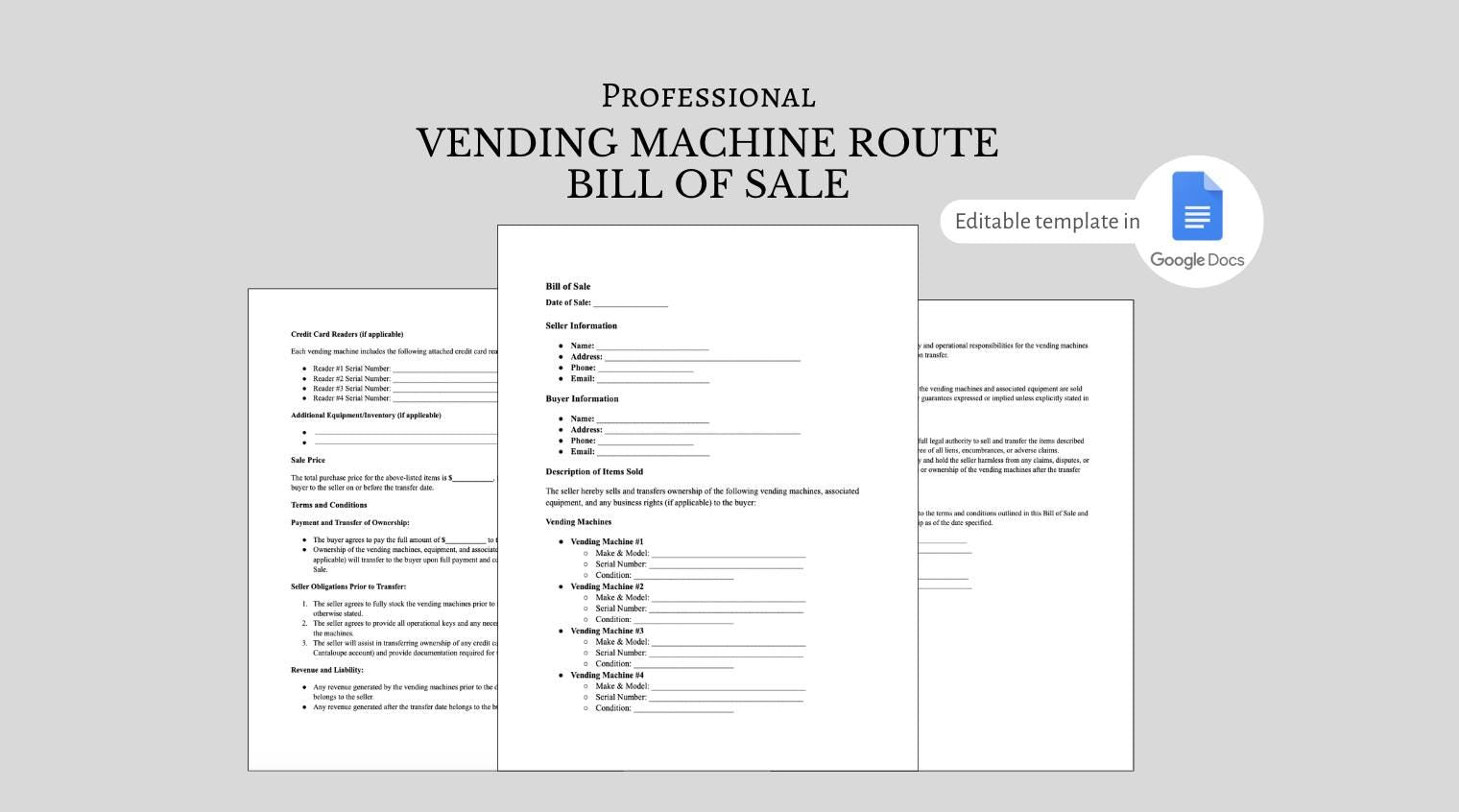 Vending Machine Route Bill of of Template – Editable PDF Form
