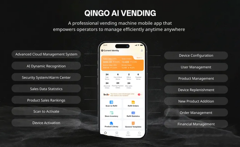 QINGO AI Vending app interface on a dark background