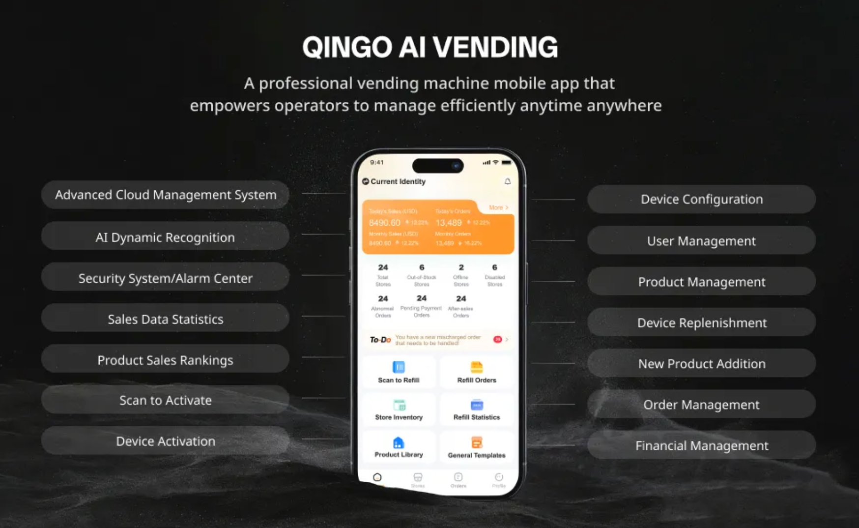 QINGO AI Vending app interface on a dark background