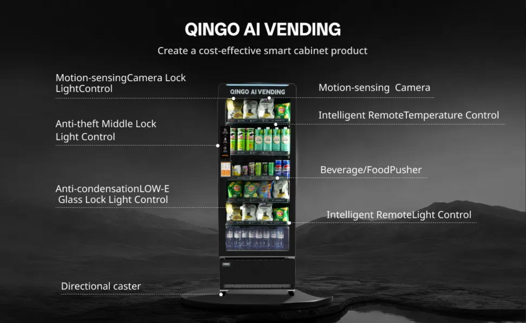 QINGO AI VENDING smart vending machine with features listed on a dark background