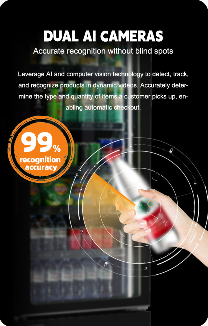 Vending machine with dual AI cameras for product recognition, highlighting 99% accuracy.