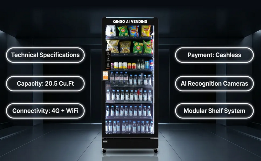 Vending machine with features highlighted on a dark background