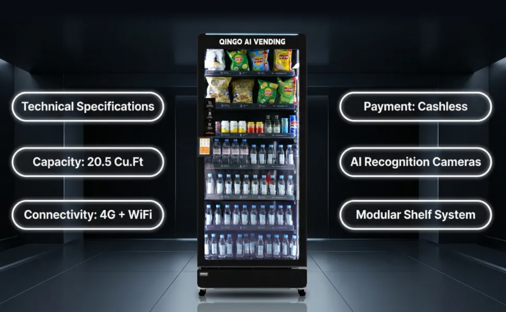 Vending machine with features highlighted on a dark background