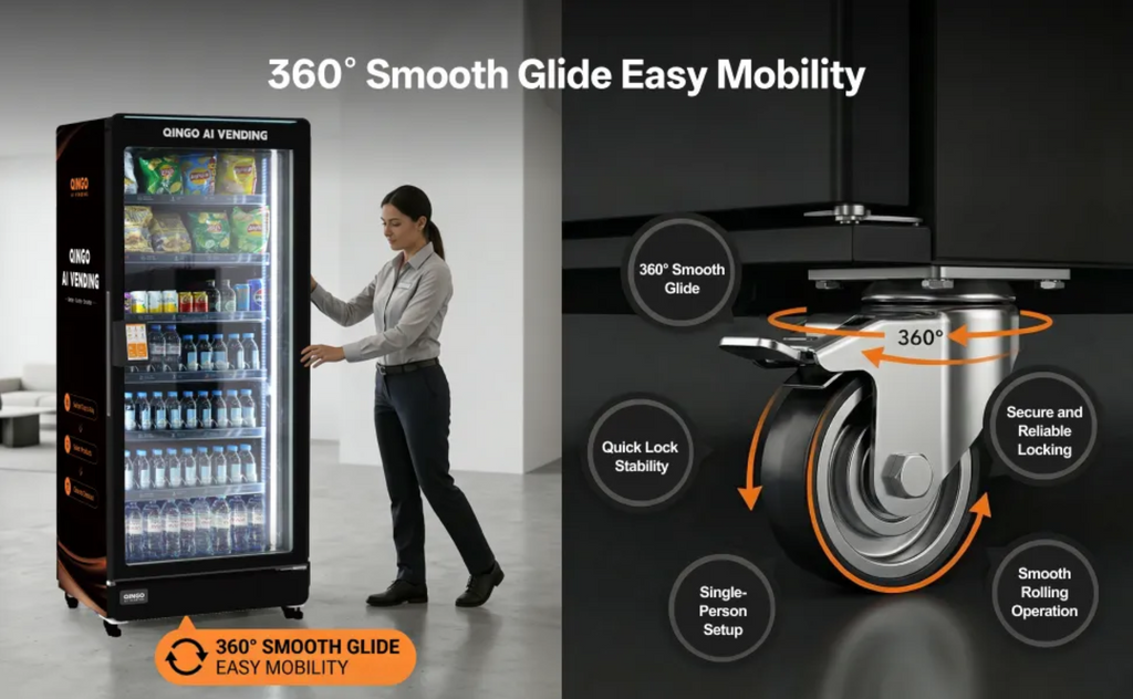 Vending machine with a person interacting with it, emphasizing 360-degree smooth glide and easy mobility.
