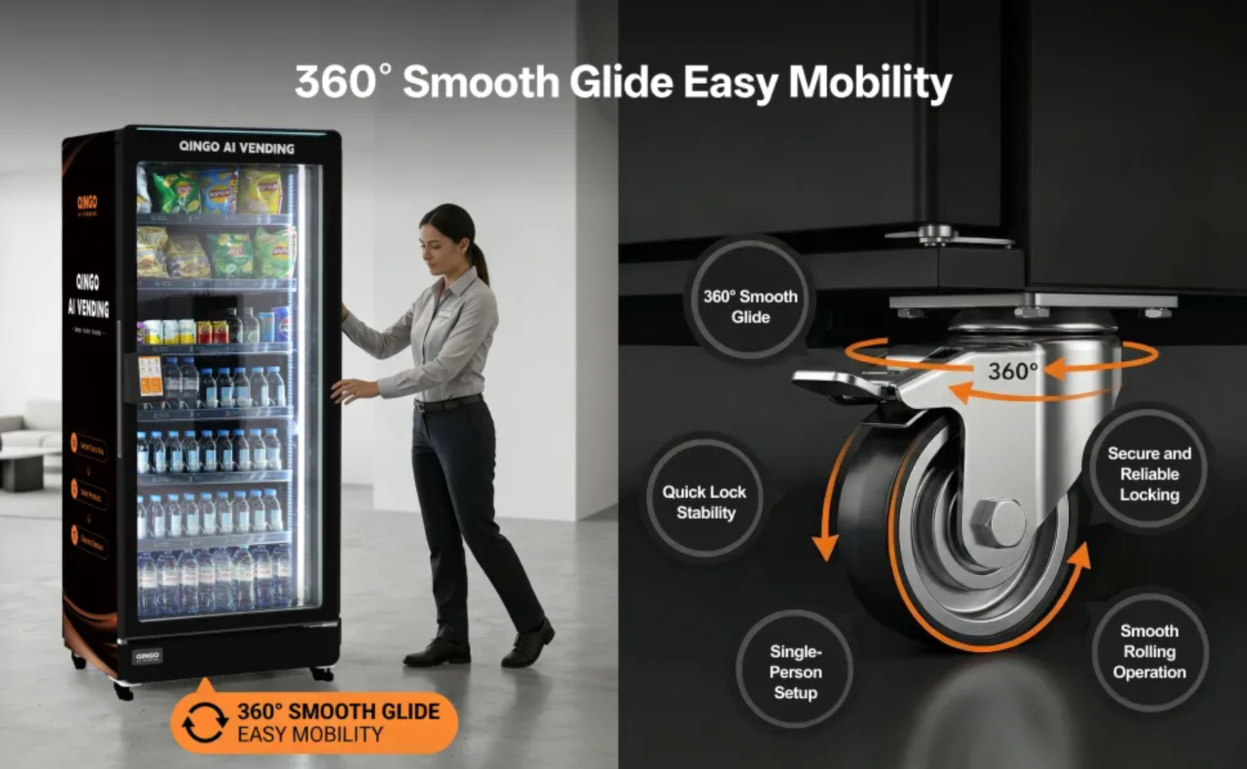 Vending machine with a person interacting with it, emphasizing 360-degree smooth glide and easy mobility.