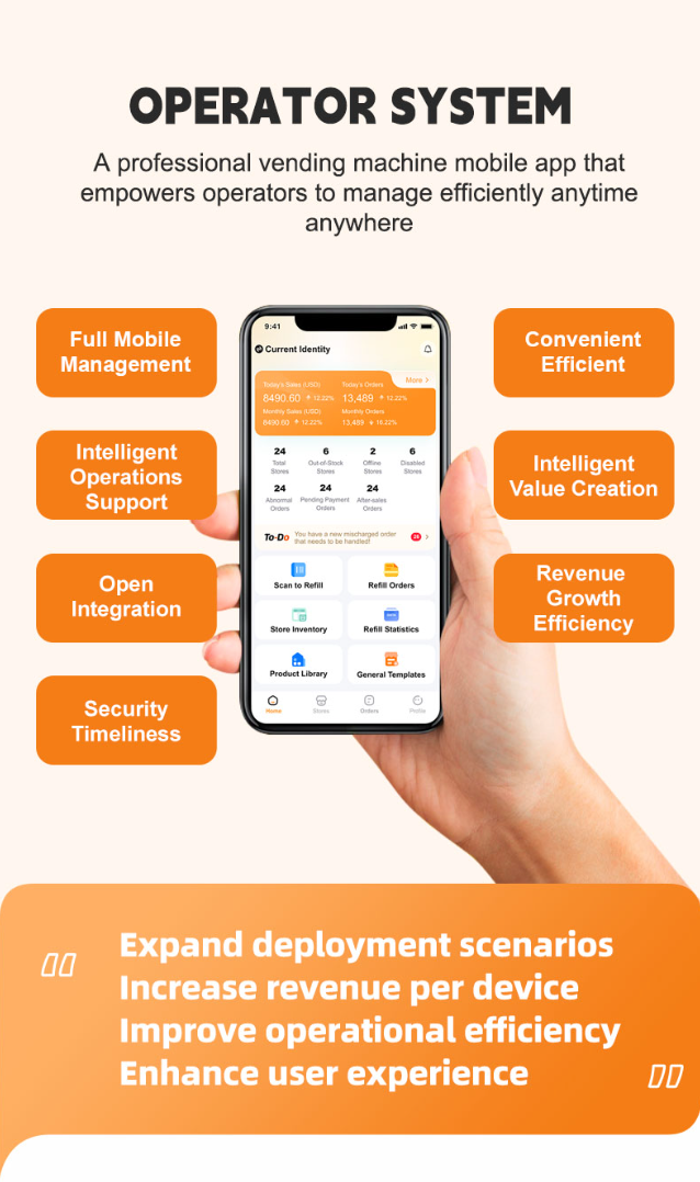 Vending machine operator system app with features and benefits on a white background