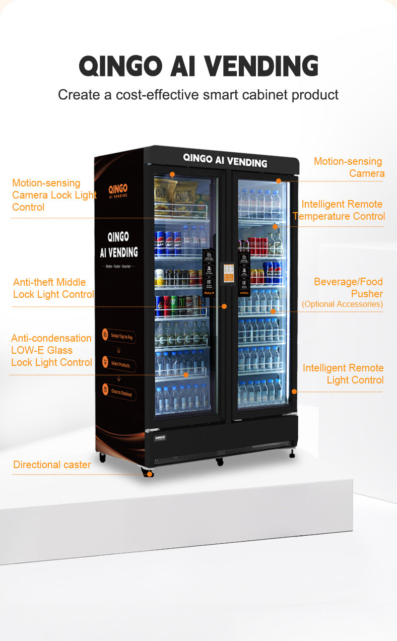 QINGO AI VENDING smart cabinet product with features listed on a white background