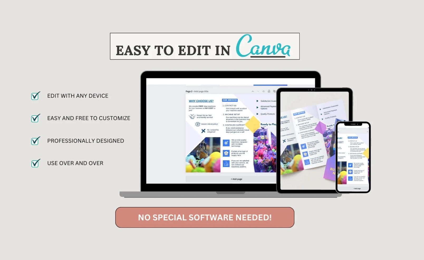 Claw Machine Business Bundle: Brochure, Business Card & Agreement Templates (Digital Download)