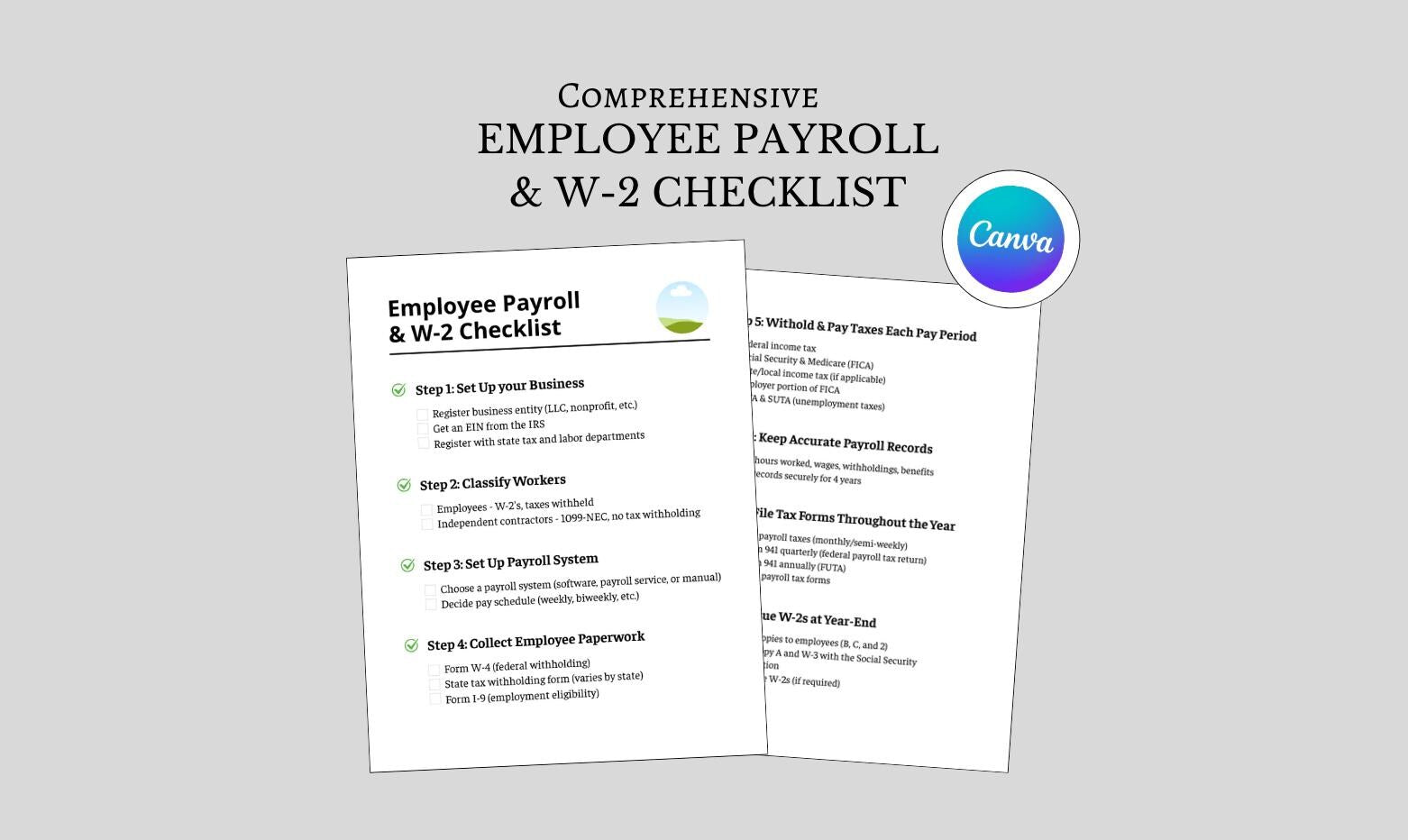 Employee Payroll & W-2 Checklist: Small Business HR (Editable Canva Template)