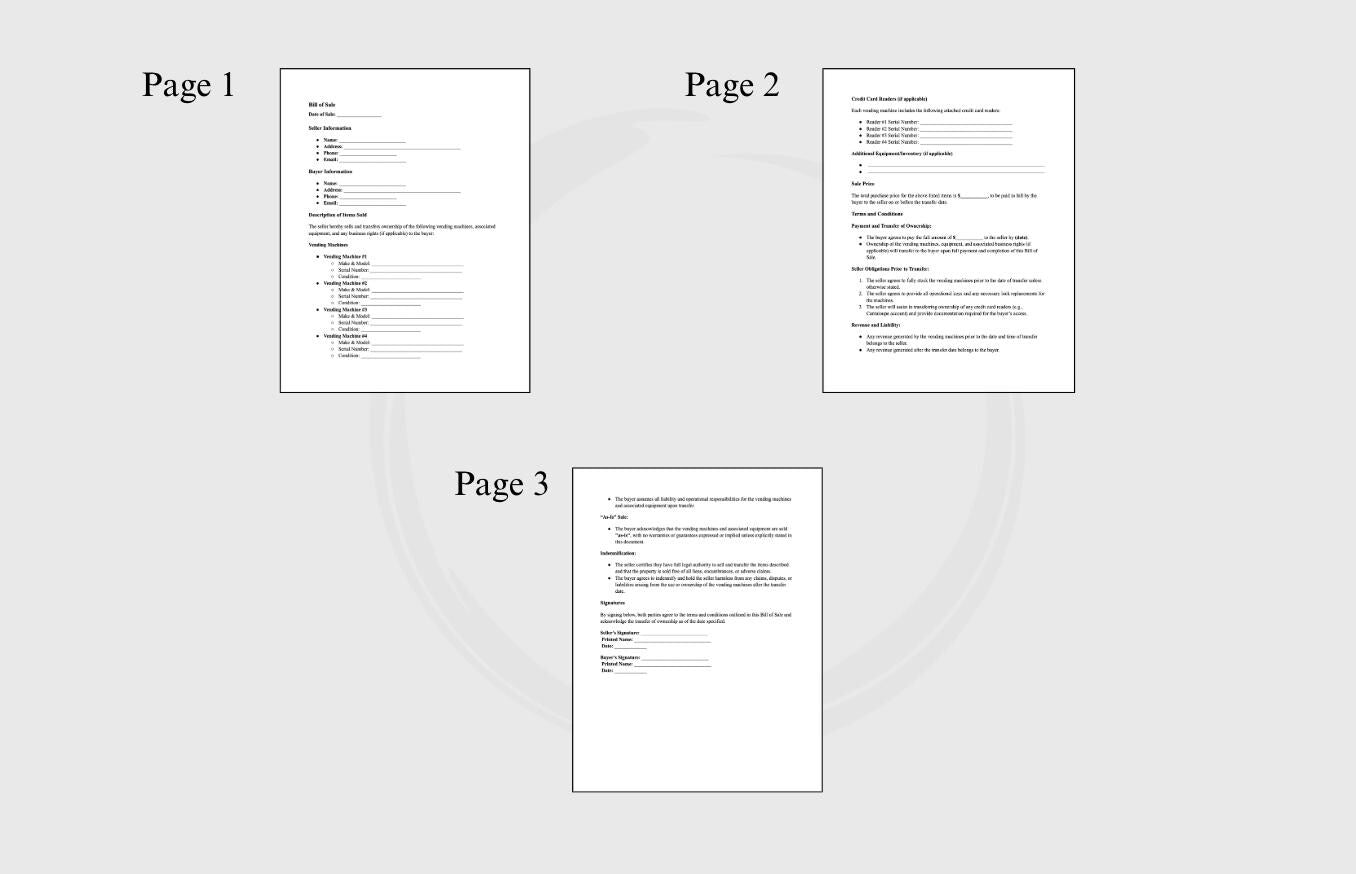 Vending Machine Route Bill of of Template – Editable PDF Form