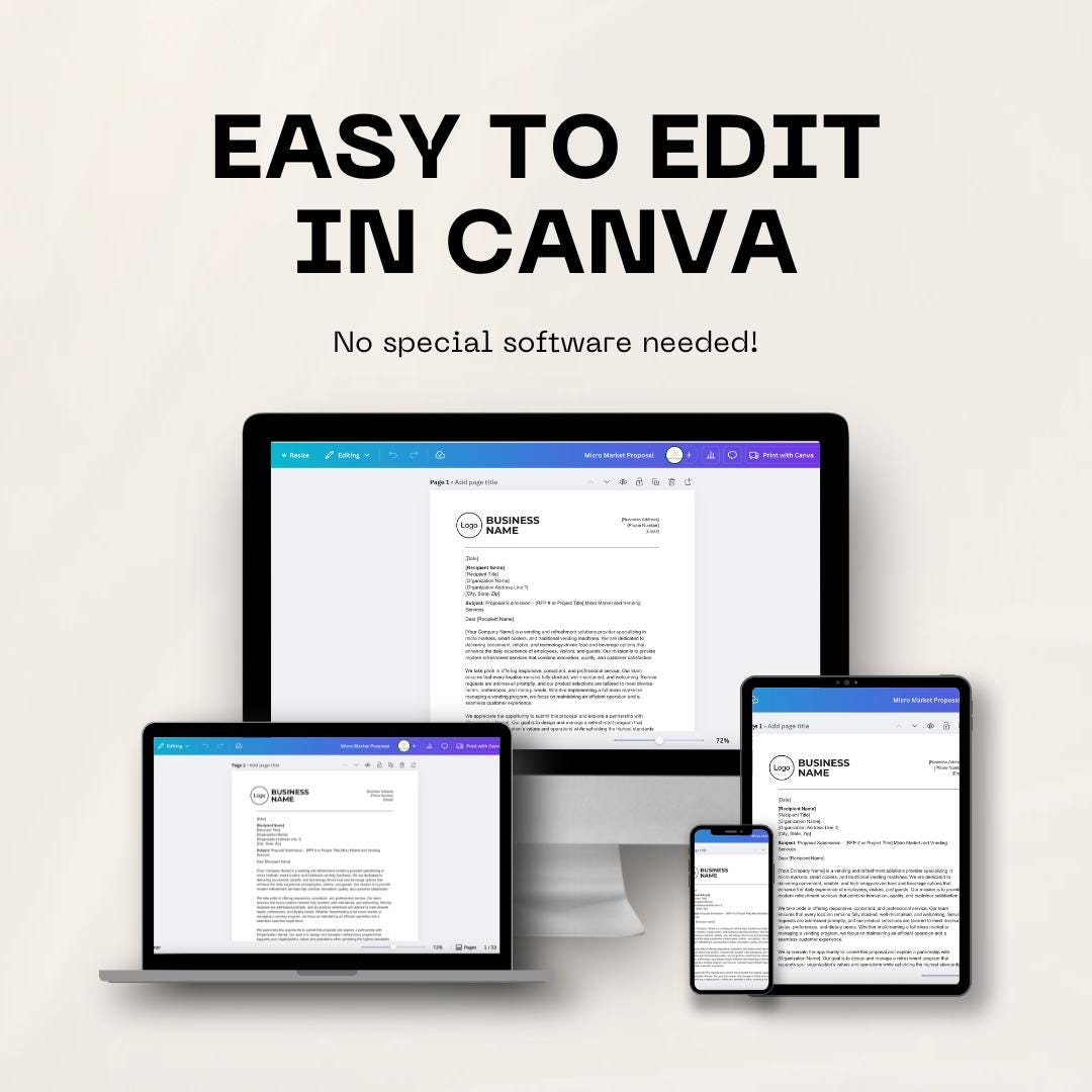 Micro Market RFP Proposal Template | 33-Page Editable Canva Proposal | Grays Vending Systems