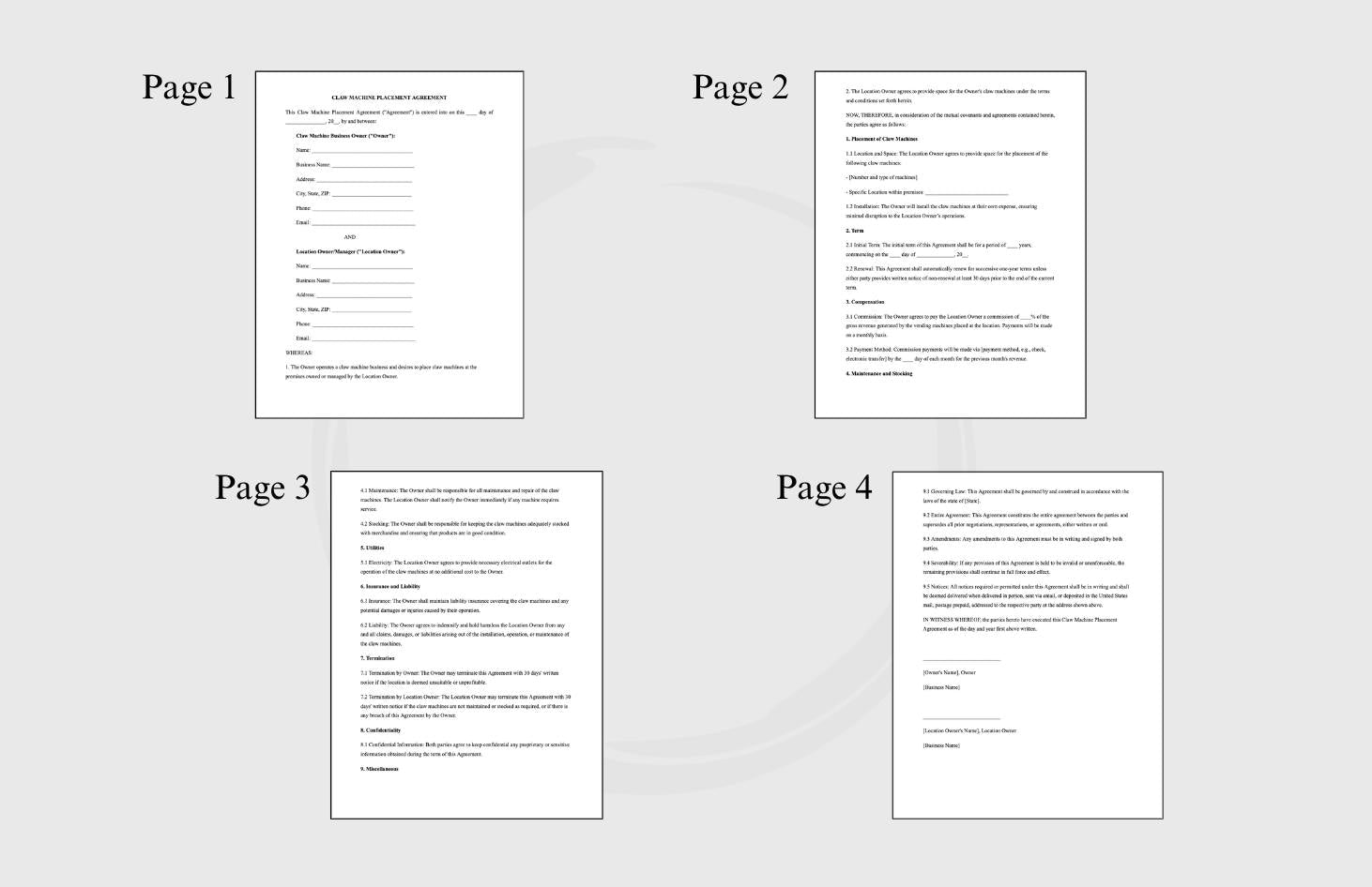 Claw Machine Placement Contract Template: Editable Business Agreement (PDF)