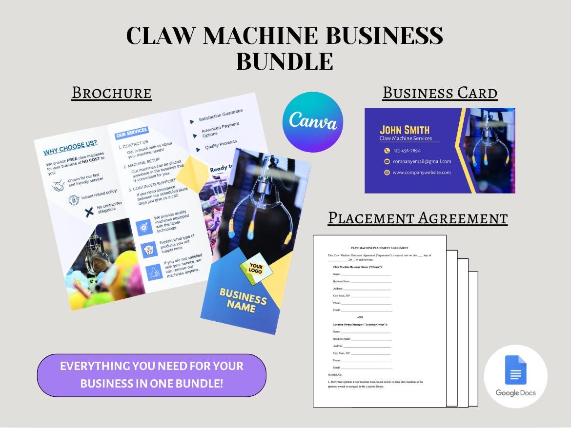 Claw Machine Business Bundle: Brochure, Business Card & Agreement Templates (Digital Download)