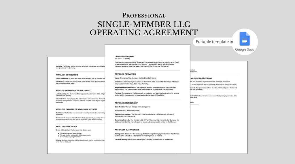 Editable Single-Member LLC Operating Agreement Template (Instant Download)