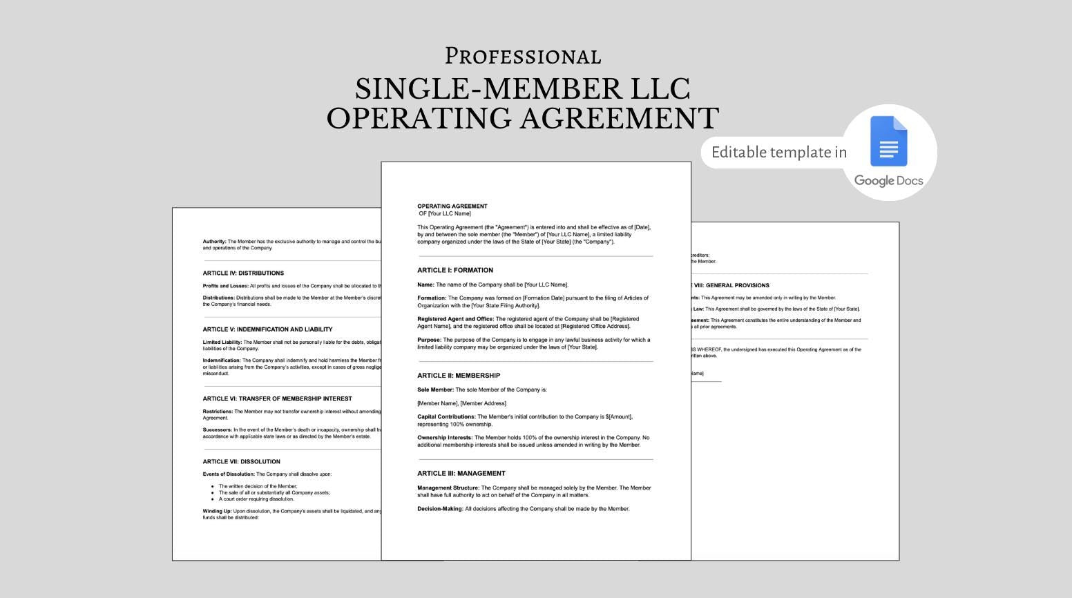 Editable Single-Member LLC Operating Agreement Template (Instant Download)
