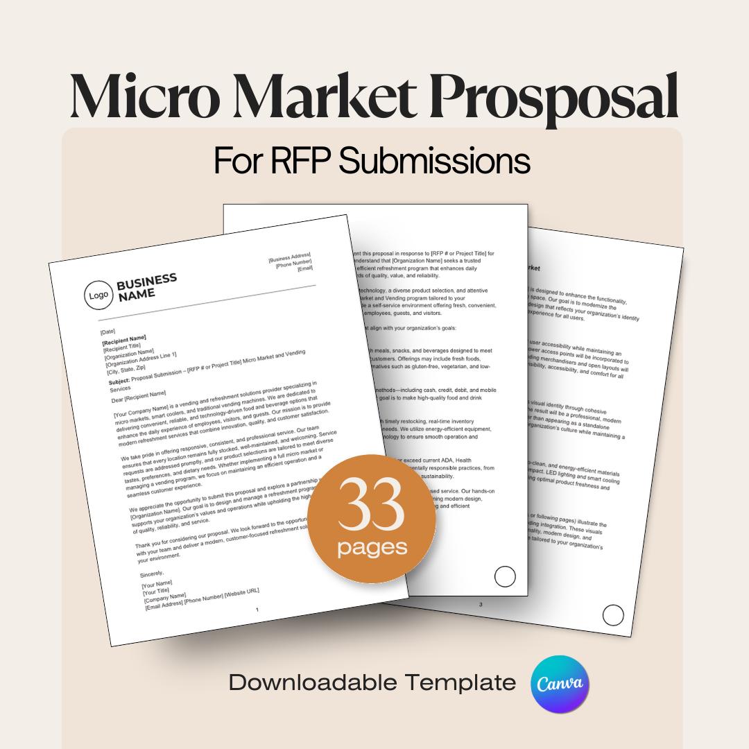 Micro Market RFP Proposal Template | 33-Page Editable Canva Proposal | Grays Vending Systems