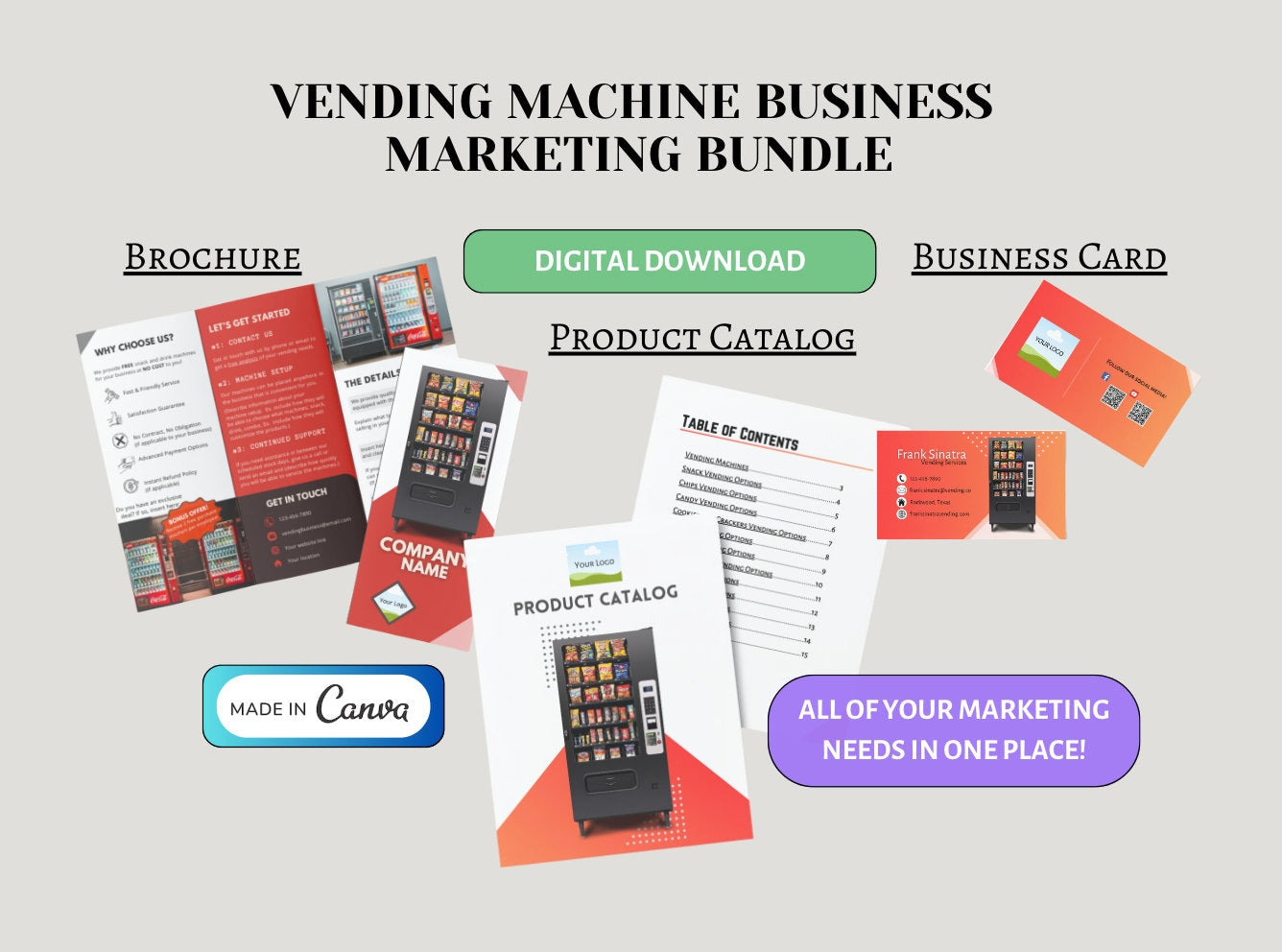 Vending Machine Business Marketing Kit: Brochure, Catalog, Business Card (Canva Template)