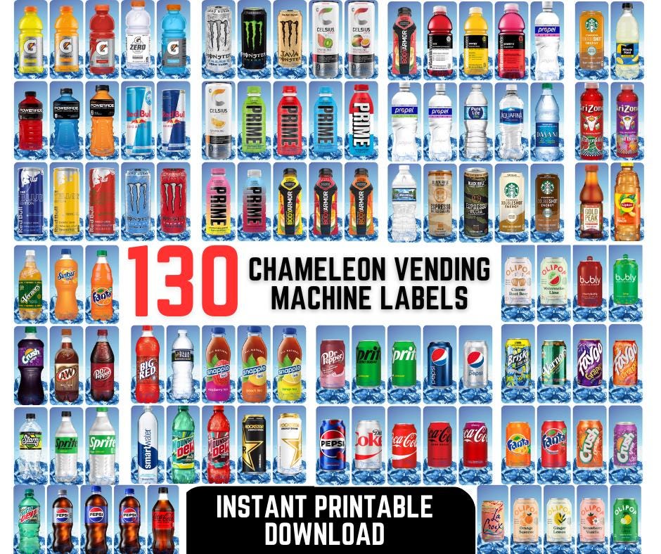Royal Vendors Vending Machine Drink Labels: 120 Chameleon-Style Designs (PDF Download)