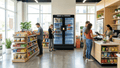 Vending machine in a modern office setting with people interacting around it.