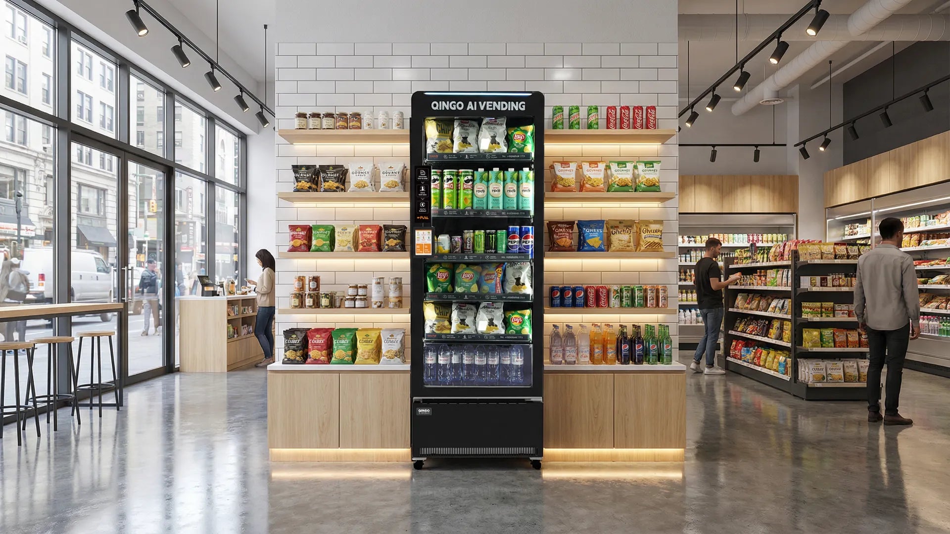 Vending machine in a modern retail store with people shopping.