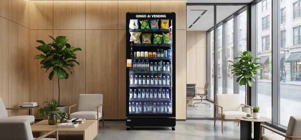 Vending machine in a modern office setting with chairs and plants.