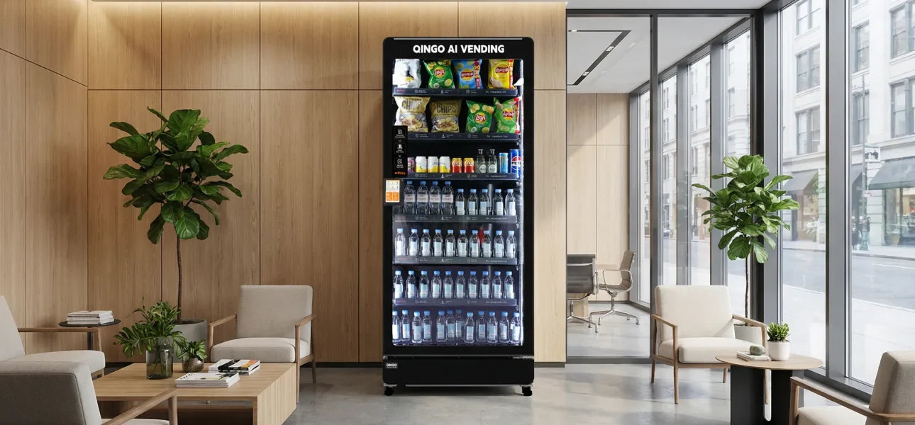 Vending machine in a modern office setting with chairs and plants.